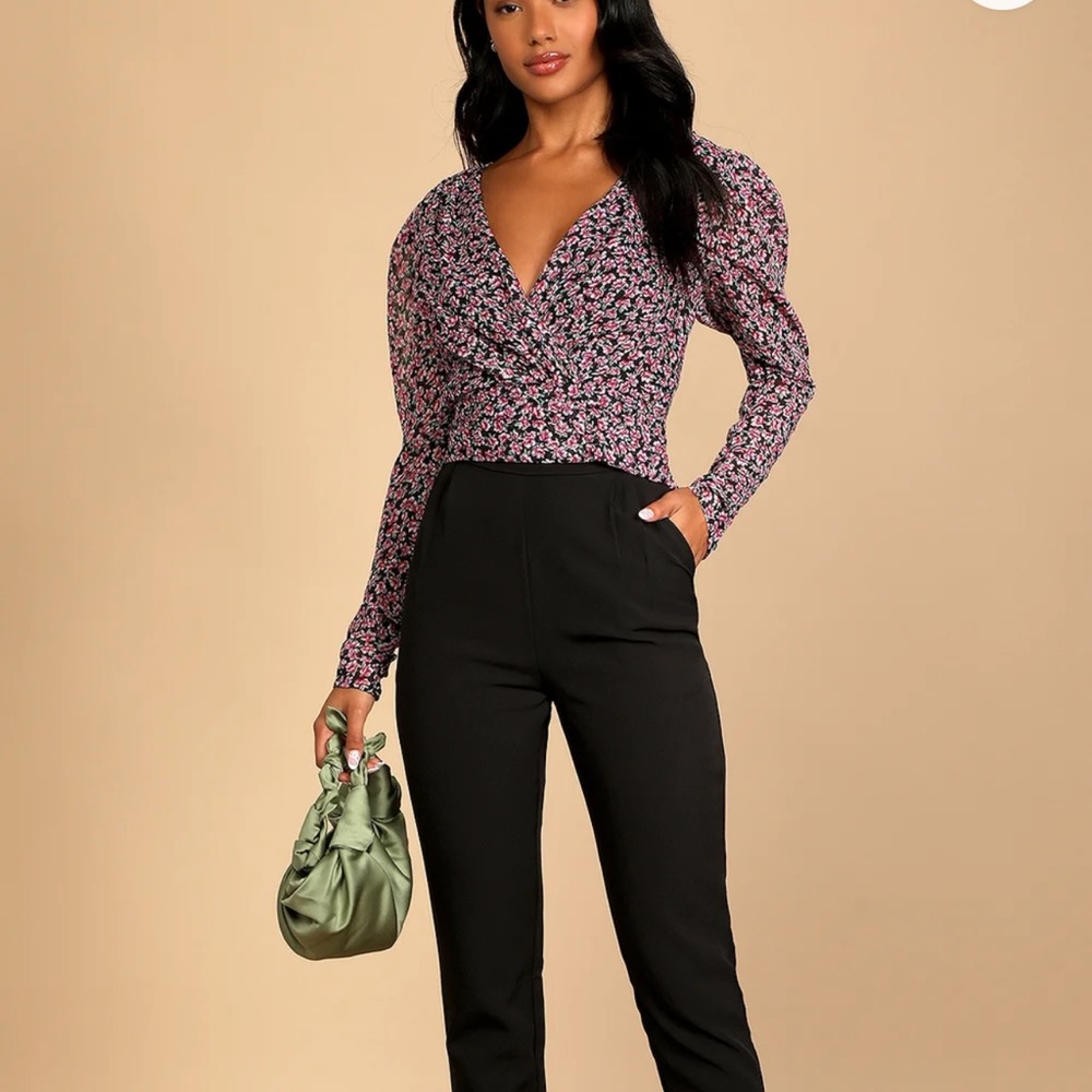 You're Gorgeous Black Floral Print Long Sleeve Cropped Wrap Top large